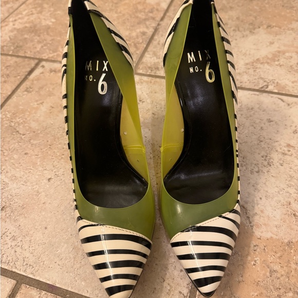 Mix No. 6 Shoes - Mix No. 6 Black and White zebra Striped Heels with Green Accent